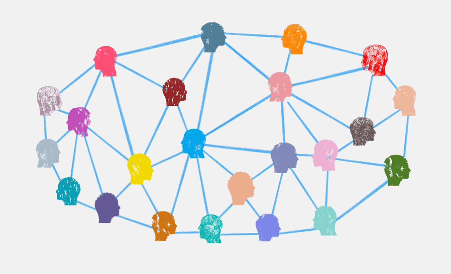 Graphic of face outlines that are multi-colored connected with lines in a distributed mesh.